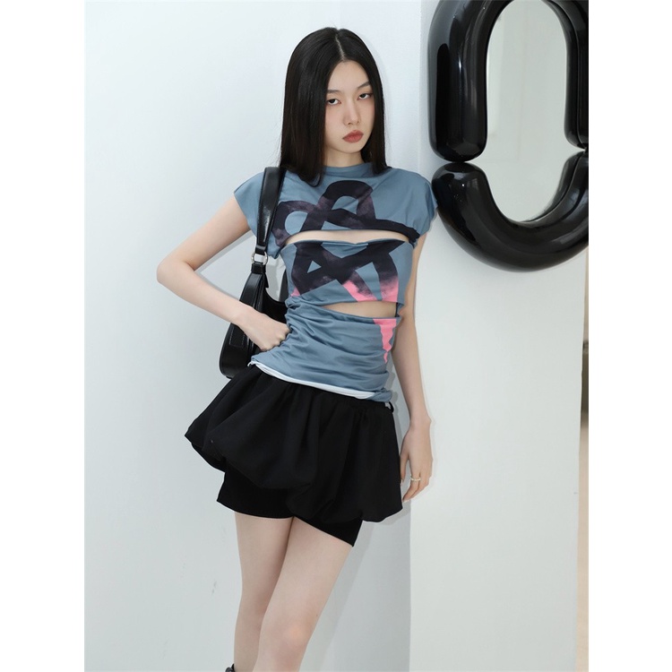 Áo Thun Cổ Cao Màu Đen Hồng Gradient Phong Cách Thời Trang Mùa Hè Cho Nữ