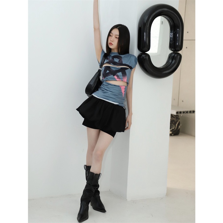 Áo Thun Cổ Cao Màu Đen Hồng Gradient Phong Cách Thời Trang Mùa Hè Cho Nữ