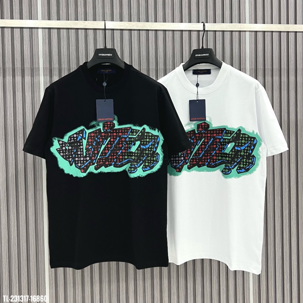 Áo thun LV Áo Louis Vuiton in Chữ graffiti họa tiết Xanh MS08 Vải Cotton 100%