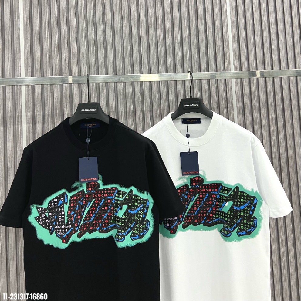 Áo thun LV Áo Louis Vuiton in Chữ graffiti họa tiết Xanh MS08 Vải Cotton 100%