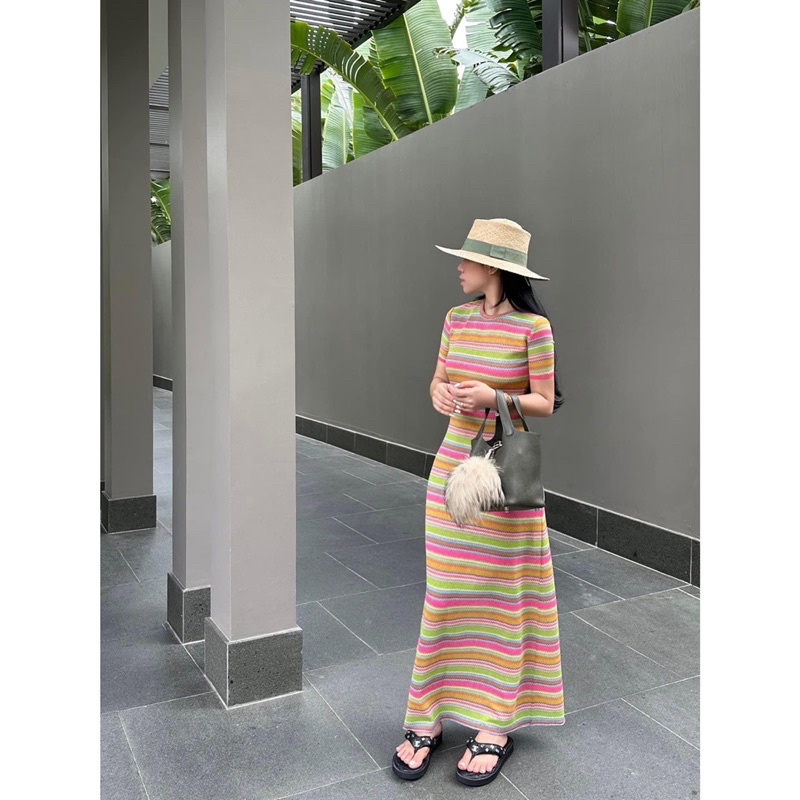 Đầm Thun Dài - 150 - Tay Ngắn - Kẻ Ngang Màu