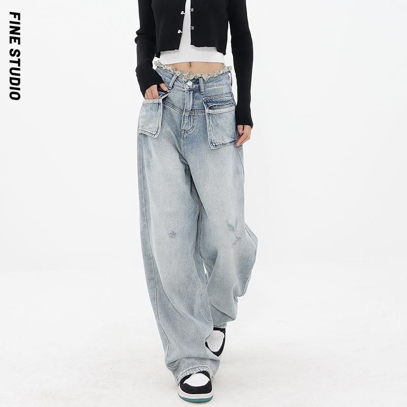 Quần Jean Ống Rộng Có Túi Phong Cách Mới 2023 Cho Nữ