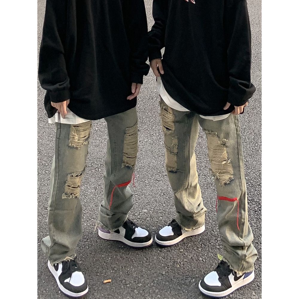 Jiashucheng Quần Jean Dài Dáng Rộng Phối Rách Kiểu Đường Phố Cá Tính Dễ Phối Đồ