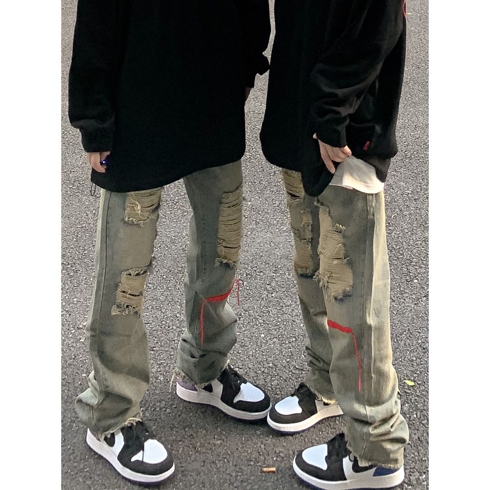 Jiashucheng Quần Jean Dài Dáng Rộng Phối Rách Kiểu Đường Phố Cá Tính Dễ Phối Đồ