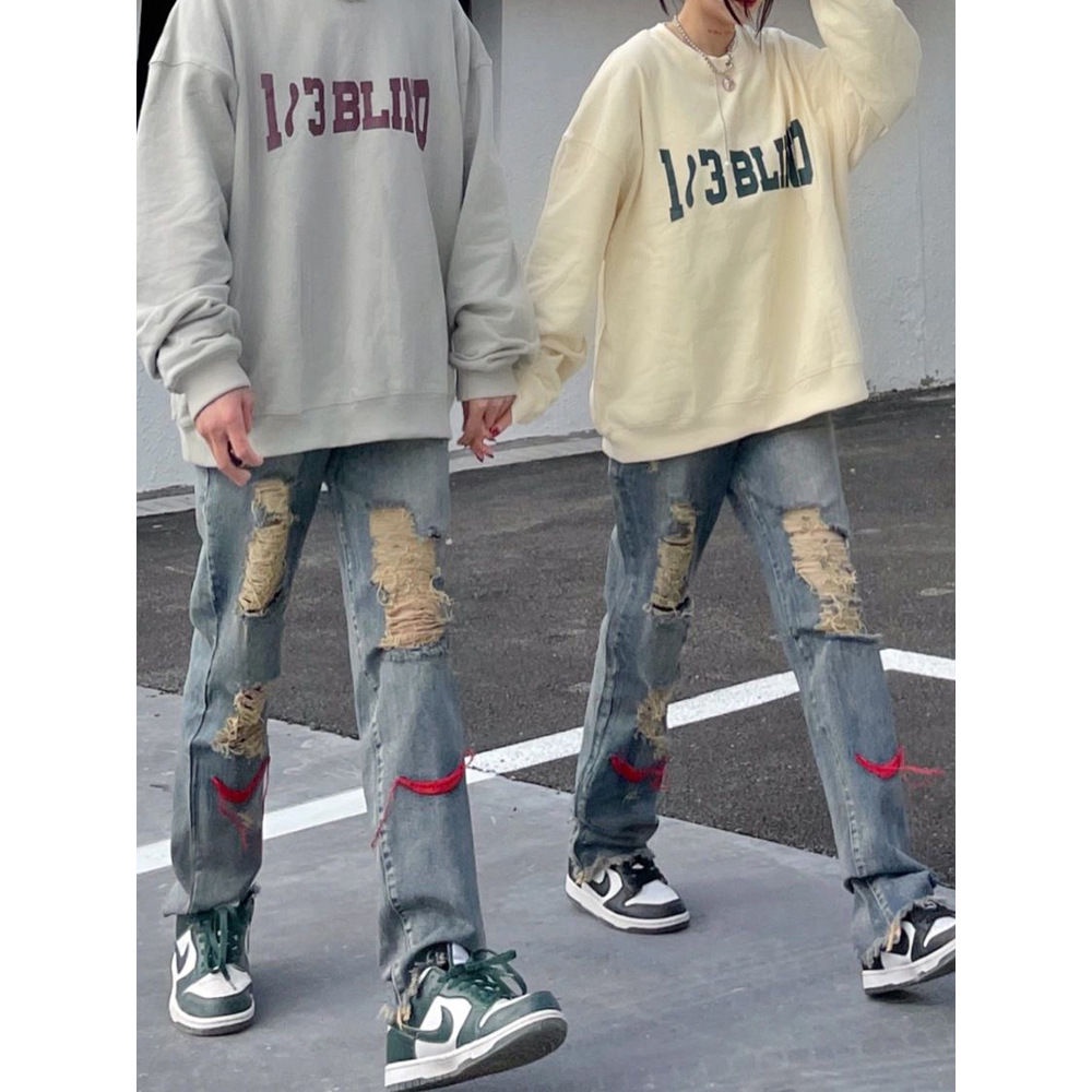 Jiashucheng Quần Jean Dài Dáng Rộng Phối Rách Kiểu Đường Phố Cá Tính Dễ Phối Đồ