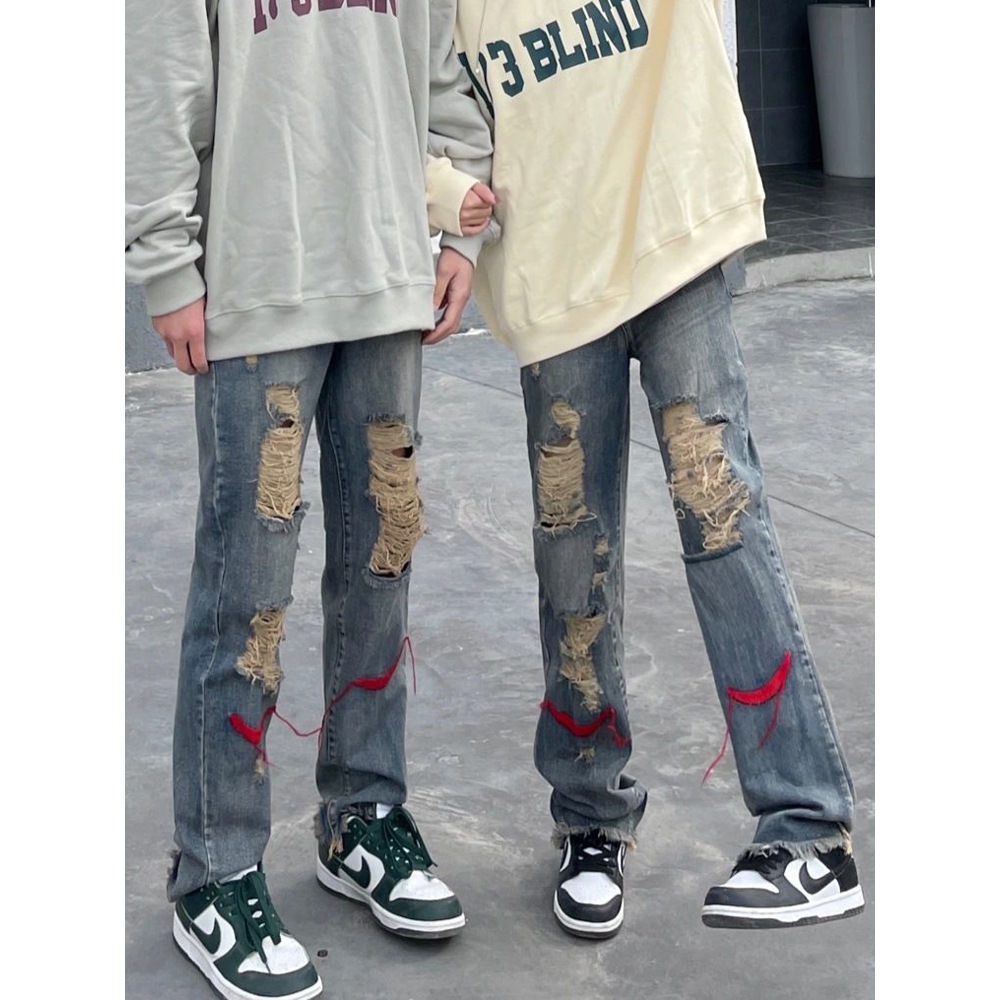 Jiashucheng Quần Jean Dài Dáng Rộng Phối Rách Kiểu Đường Phố Cá Tính Dễ Phối Đồ