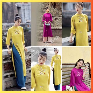 Áo dài cách tân nữ dáng suông thiết kế 2 tà lụa thêu hoa nhí truyền thống cổ tròn dáng rộng may sẵn màu Vàng Hồng Tím