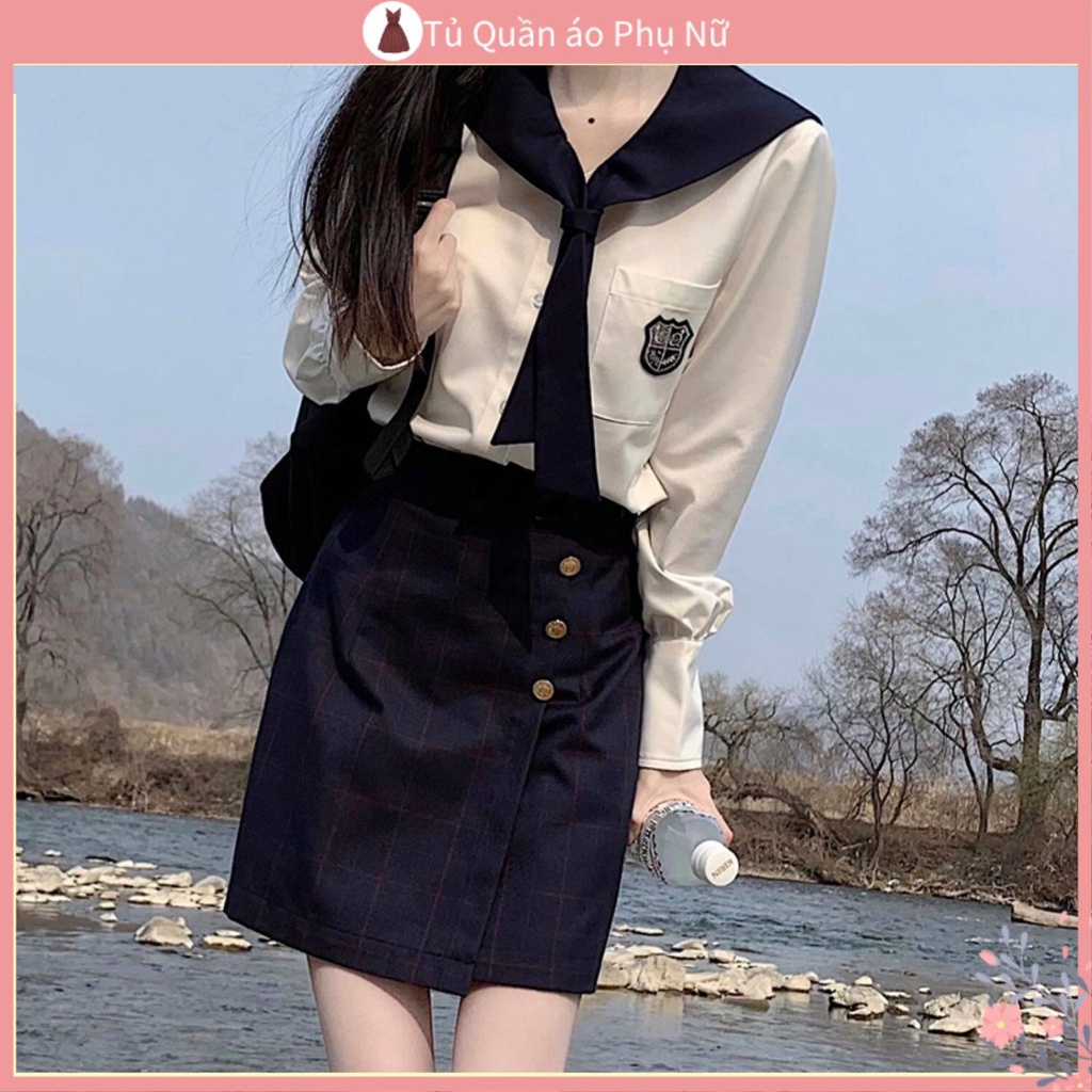 Ch t L Ng cao O Kho C B Ng Ph C Bộ Đồng Phục Học Sinh Hàn Quốc Chính Hãng Mới Mùa Thu Eo cao Kẻ Sọc Ca Rô Dài Tay 2PK