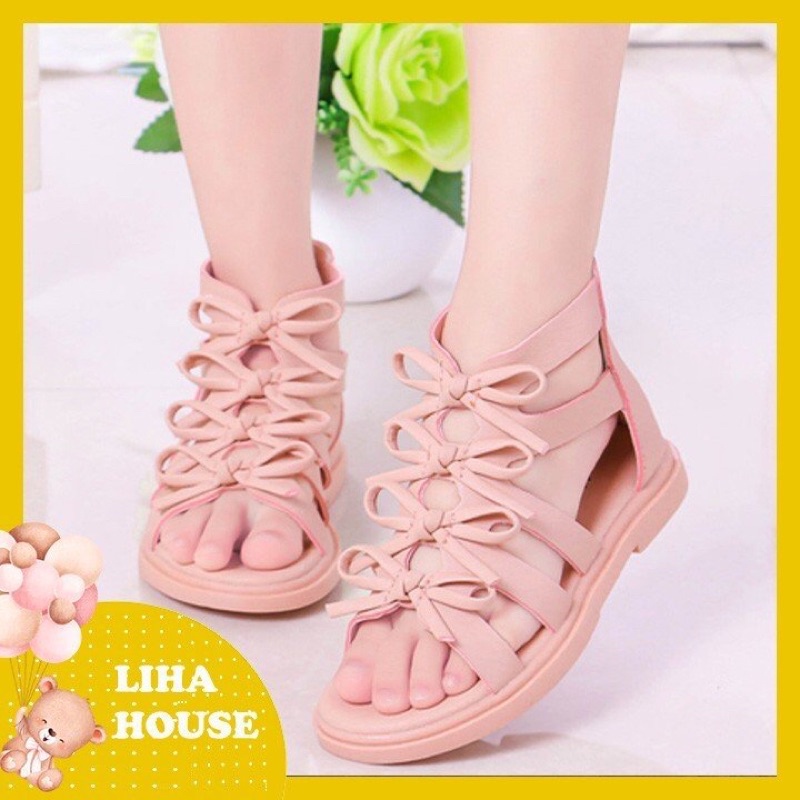 Sandal chiến binh nơ hồng hoa đá lấp lánh cho bé gái từ 3-10tuổi, thiết kế tiểu thư cách điệu - Lihahouse