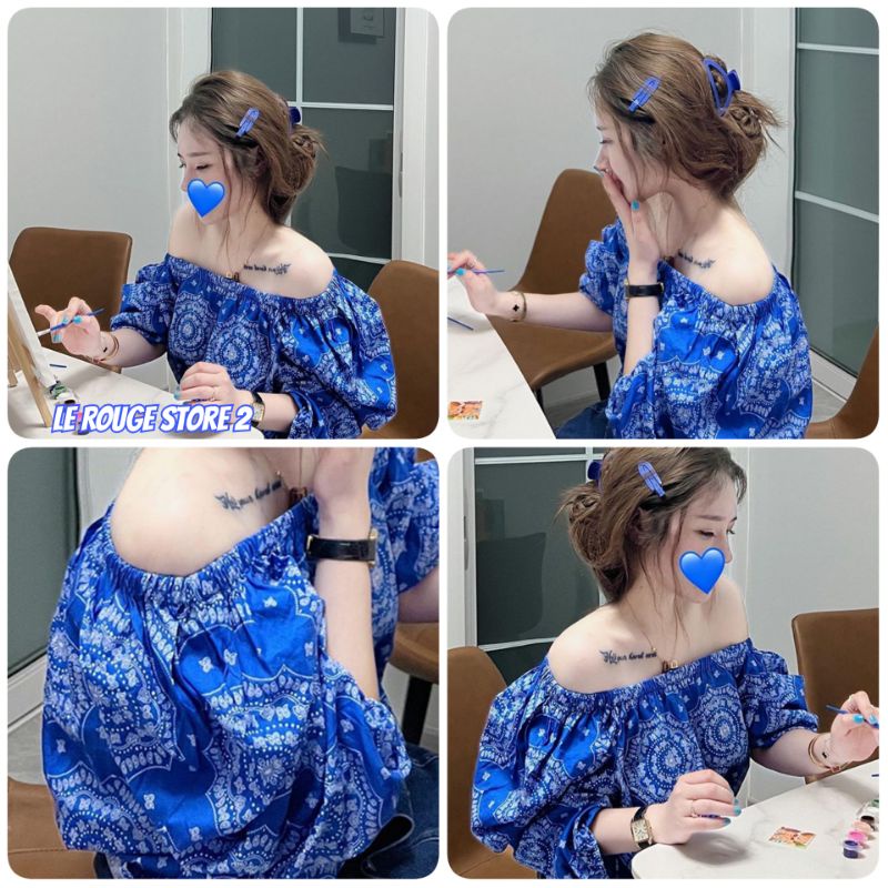 (ORDER) Áo trễ vai tay chuông họa tiết thổ cẩm màu xanh dương hot trendy