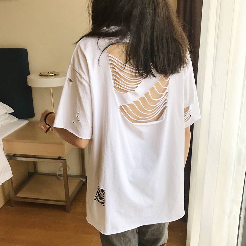 Áo Thun Cotton Trơn Tay Ngắn Dáng Rộng Khoét Lỗ Rỗng Kiểu Hàn Quốc Thời Trang Mùa Hè Cho Nữ