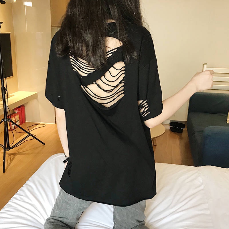 Áo Thun Cotton Trơn Tay Ngắn Dáng Rộng Khoét Lỗ Rỗng Kiểu Hàn Quốc Thời Trang Mùa Hè Cho Nữ