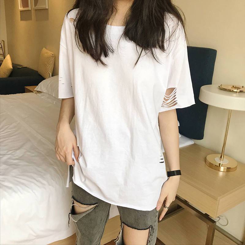 Áo Thun Cotton Trơn Tay Ngắn Dáng Rộng Khoét Lỗ Rỗng Kiểu Hàn Quốc Thời Trang Mùa Hè Cho Nữ