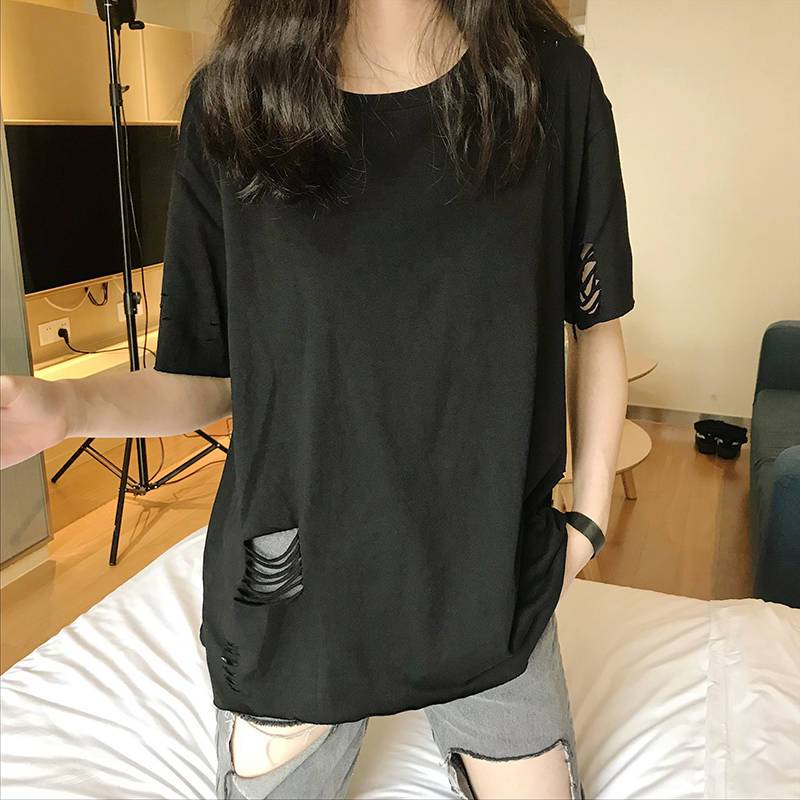 Áo Thun Cotton Trơn Tay Ngắn Dáng Rộng Khoét Lỗ Rỗng Kiểu Hàn Quốc Thời Trang Mùa Hè Cho Nữ