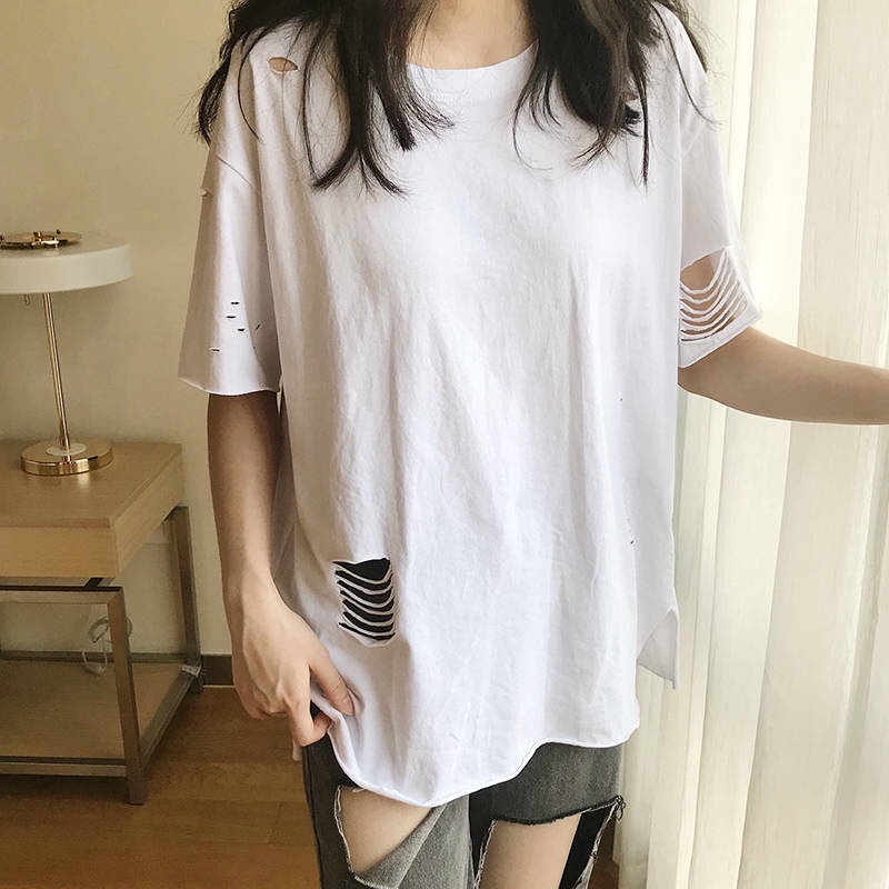 Áo Thun Cotton Trơn Tay Ngắn Dáng Rộng Khoét Lỗ Rỗng Kiểu Hàn Quốc Thời Trang Mùa Hè Cho Nữ