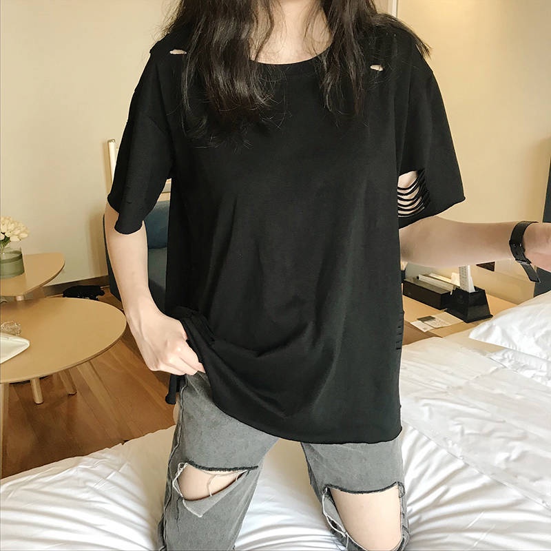 Áo Thun Cotton Trơn Tay Ngắn Dáng Rộng Khoét Lỗ Rỗng Kiểu Hàn Quốc Thời Trang Mùa Hè Cho Nữ