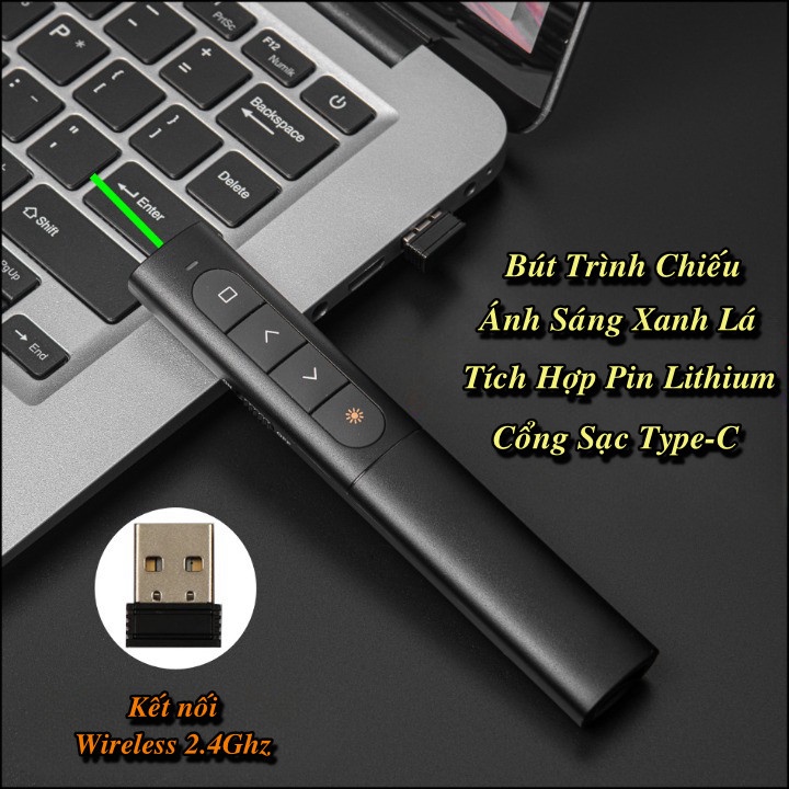 Euro Home - Bút Trình Chiếu Ánh Sáng Xanh RIRC Green Sạc Pin Type-C (đạt chuẩn FCC,CE,RoHS)