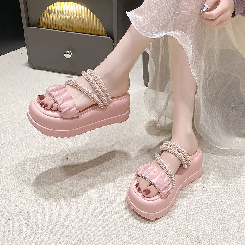 Dép Sandal Hai Quai Đế Dày Tăng Chiều Cao Mùa Hè Phong Cách Thần Tiên Màu Hồng Đính Ngọc Trai Bán Chạy Mới Dành Cho Bạn Nữ