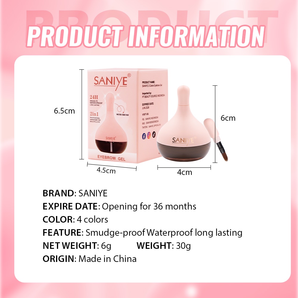 Gel Kẻ Mày SANIYE 2 Trong 1 Chống Thấm Nước Lâu Trôi Kèm Cọ 6g M348