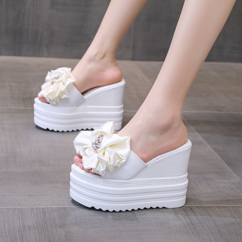 Dép Đế Xuồng 12cm Đính Nơ Chống Thấm Nước Thời Trang Cho Nữ