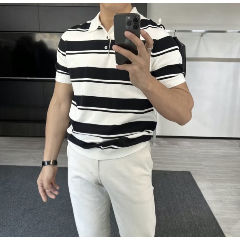 Áo thun Polo, áo Polo nam chất liệu Len mỏng THIẾT KẾ Basic kẻ sọc ngang cho nam giới Mùa Hè / Thu 2023