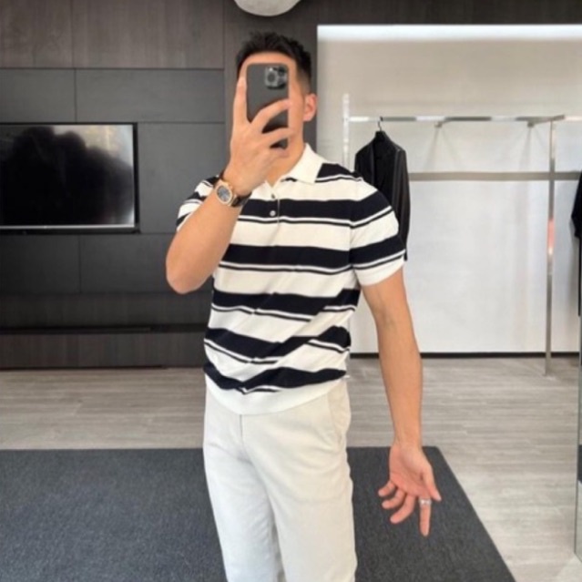 Áo thun Polo, áo Polo nam chất liệu Len mỏng THIẾT KẾ Basic kẻ sọc ngang cho nam giới Mùa Hè / Thu 2023