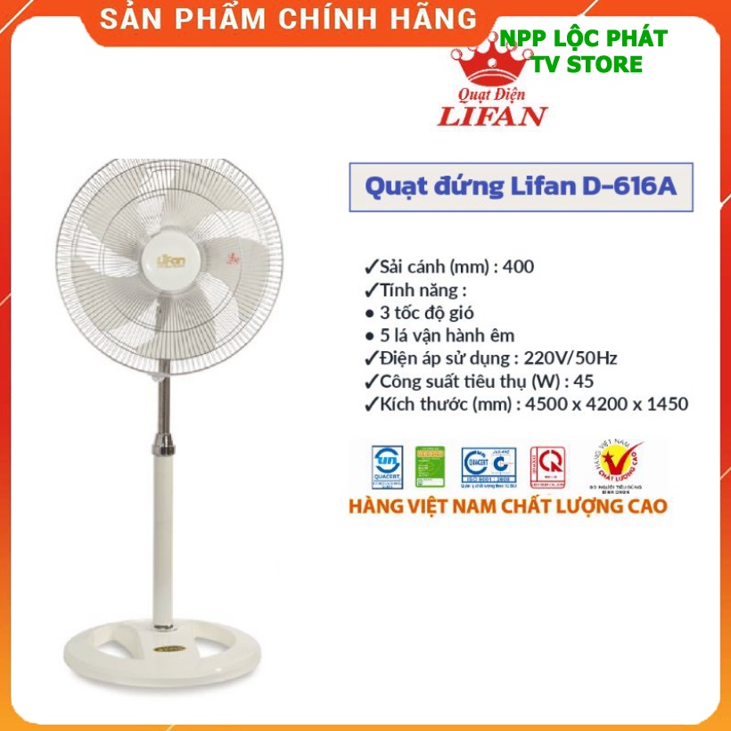 Quạt Đứng Lifan Đ-616A Trắng - Lồng Xi xử dụng giới tính 5 lá to quạt êm Lifan việt nam