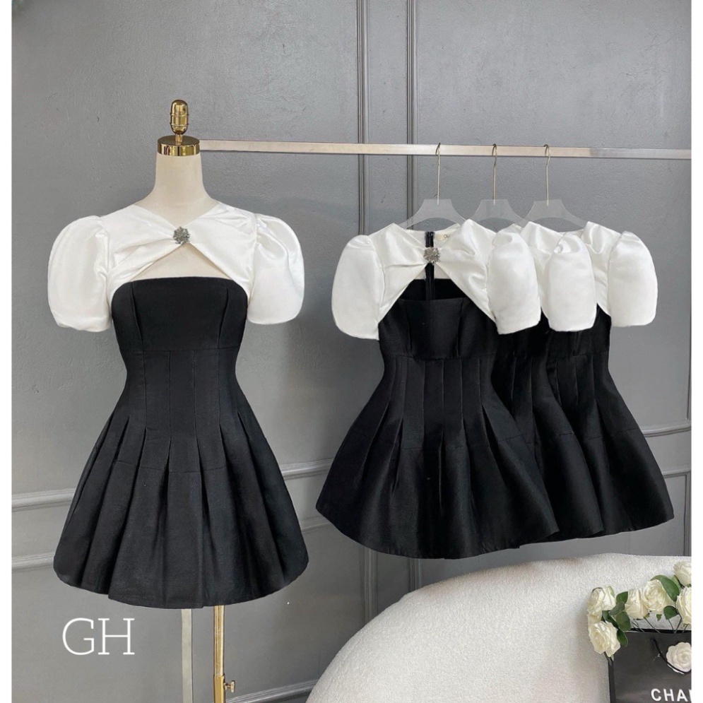 Đầm thiết kế chất tafta phối tay bồng hở cổ, thân váy xếp ly, chiết eo tôn dáng siêu xinh, hàng thiết kế cao cấp Soshi D