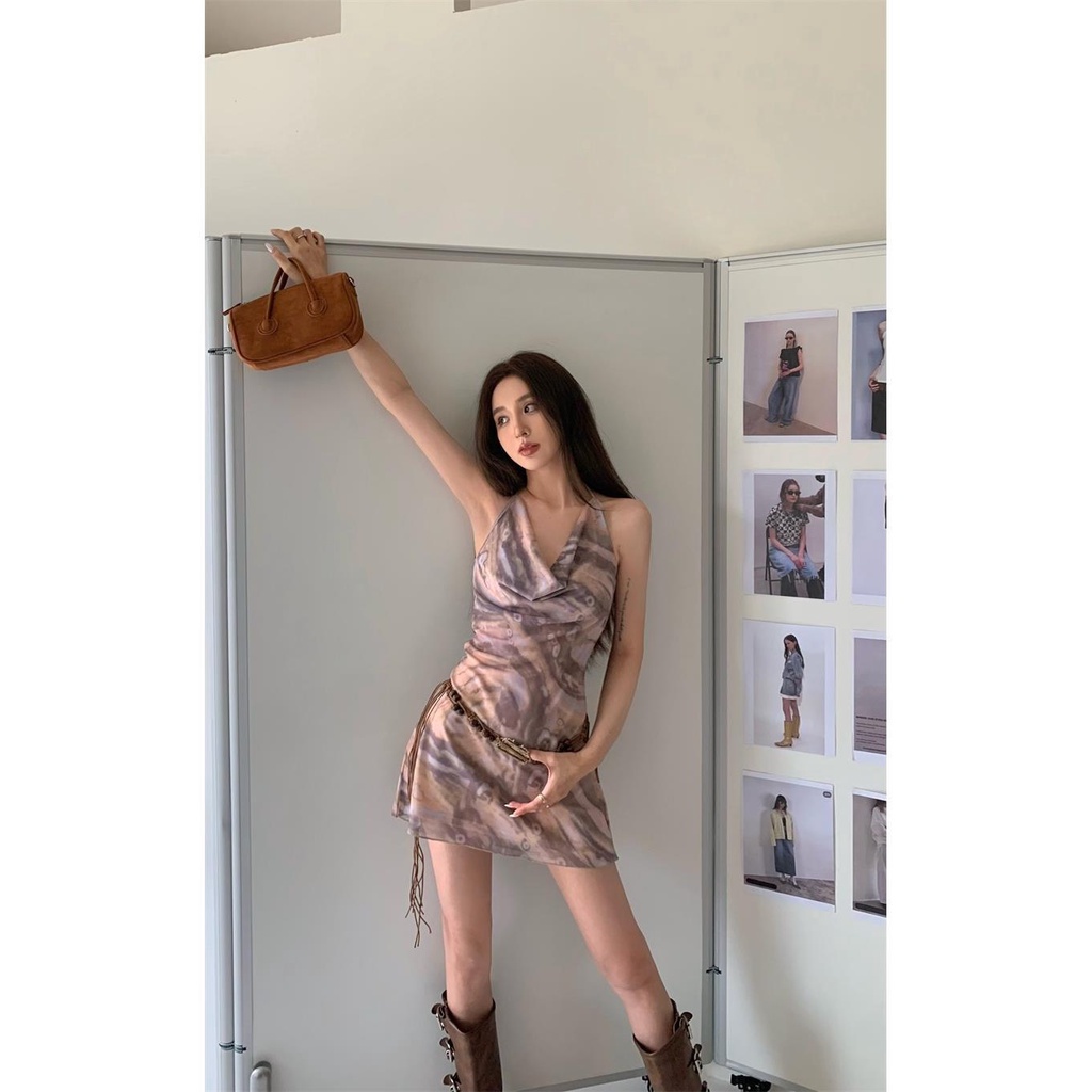 Đầm Ngắn Hai Dây Cổ Chữ v Dáng Chữ a Màu Nhuộm Phong Cách Retro Thời Trang Mùa Hè Quyến Rũ Dành Cho Nữ