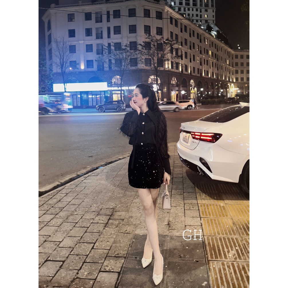 Set sơ mi lụa phối tay lông, sơ mi tiểu thư phối chân váy kim sa hàng thiết kế chuẩn form Soshi Déign