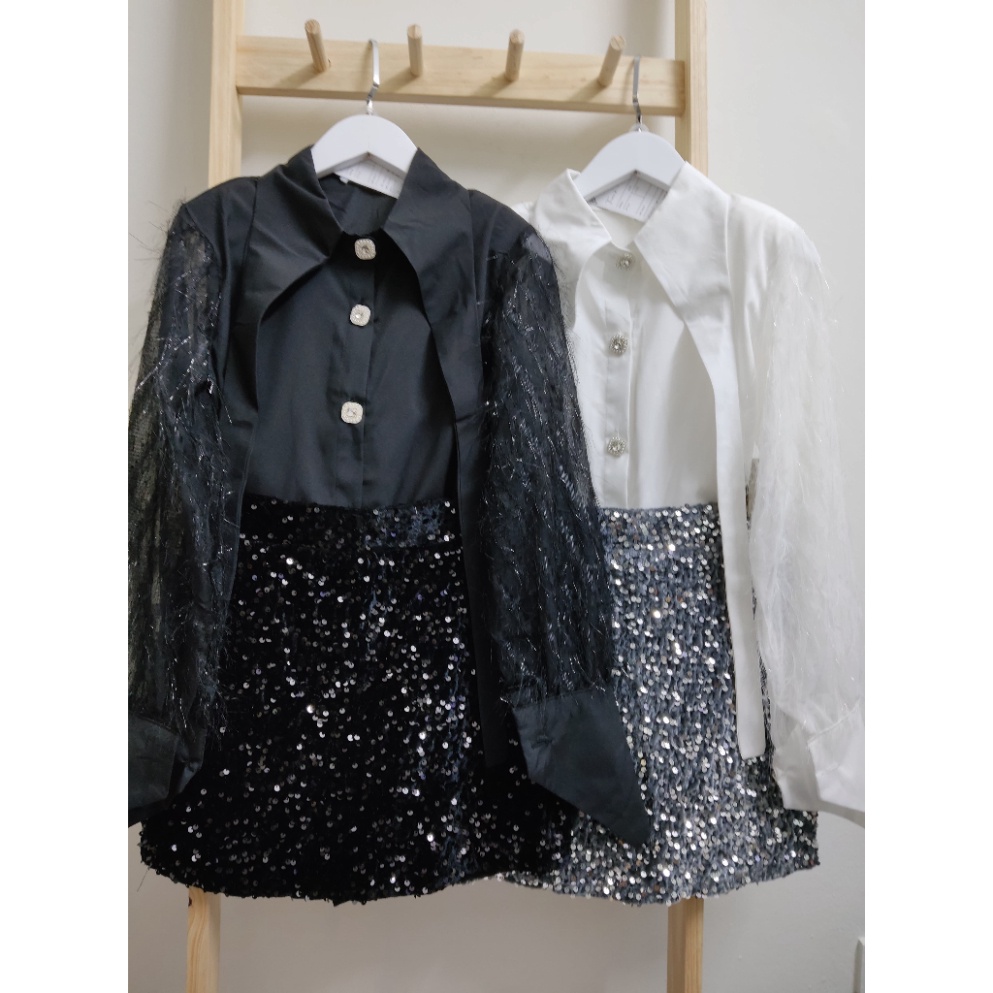 Set sơ mi lụa phối tay lông, sơ mi tiểu thư phối chân váy kim sa hàng thiết kế chuẩn form Soshi Déign