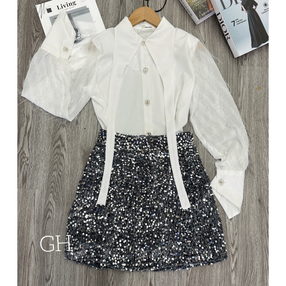 Set sơ mi lụa phối tay lông, sơ mi tiểu thư phối chân váy kim sa hàng thiết kế chuẩn form Soshi Déign
