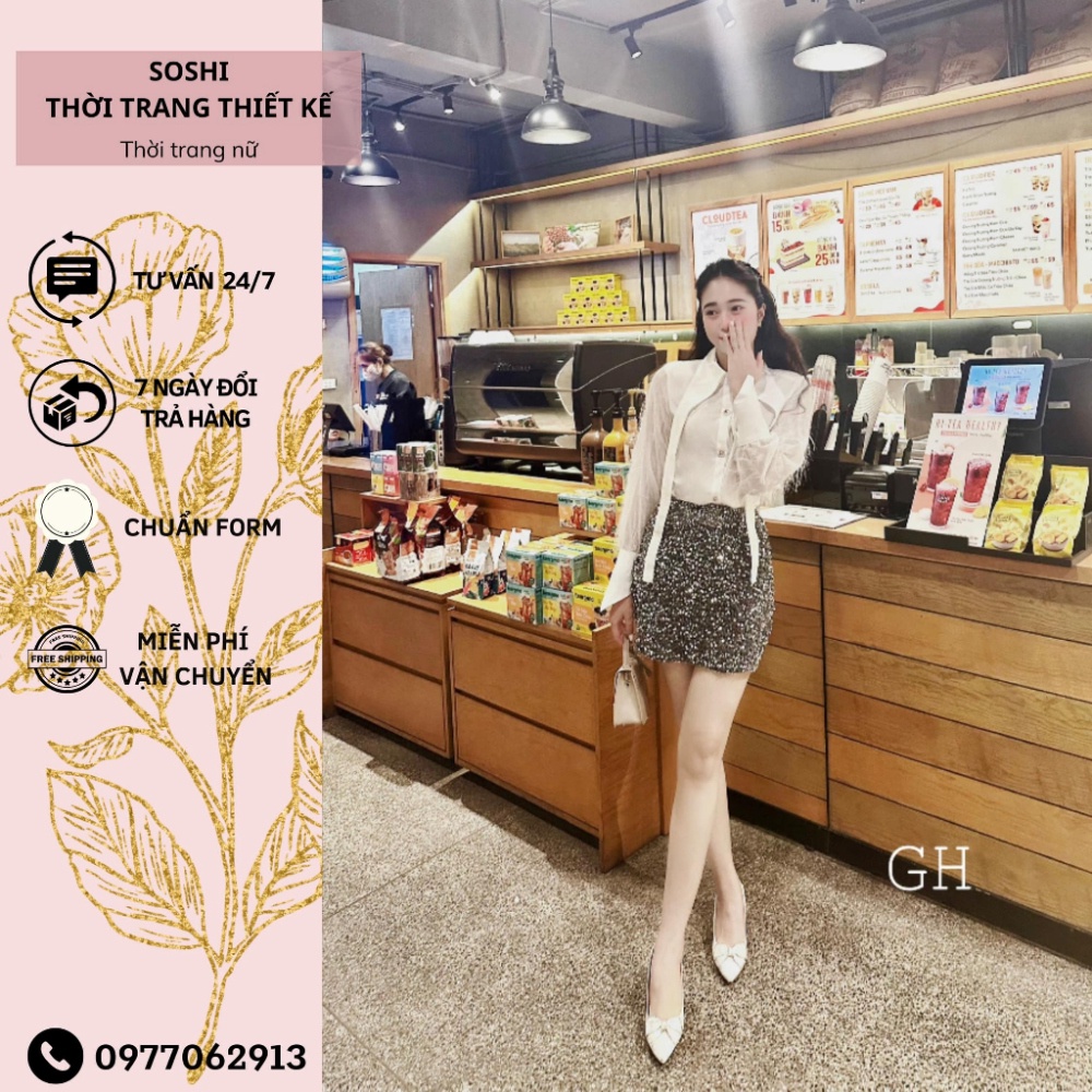 Set sơ mi lụa phối tay lông, sơ mi tiểu thư phối chân váy kim sa hàng thiết kế chuẩn form Soshi Déign