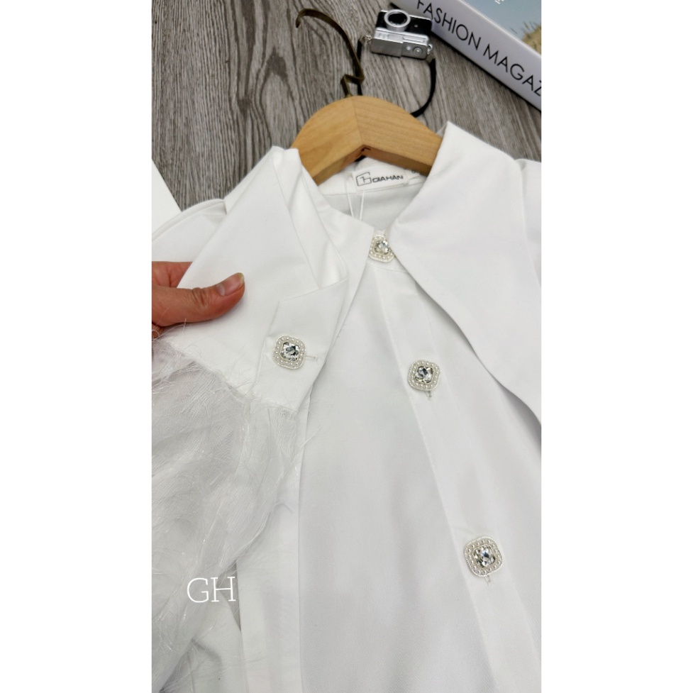 Set sơ mi lụa phối tay lông, sơ mi tiểu thư phối chân váy kim sa hàng thiết kế chuẩn form Soshi Déign