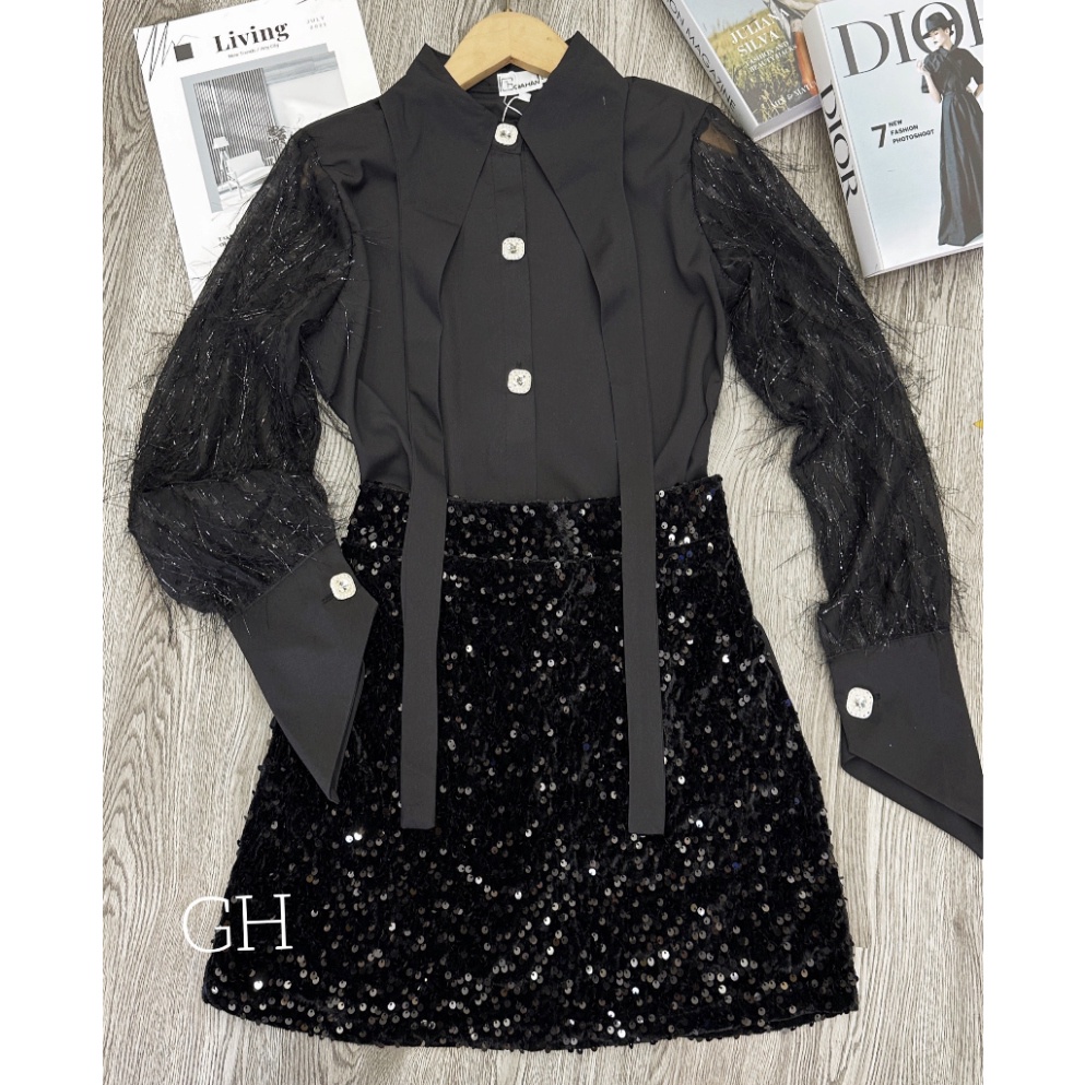 Set sơ mi lụa phối tay lông, sơ mi tiểu thư phối chân váy kim sa hàng thiết kế chuẩn form Soshi Déign