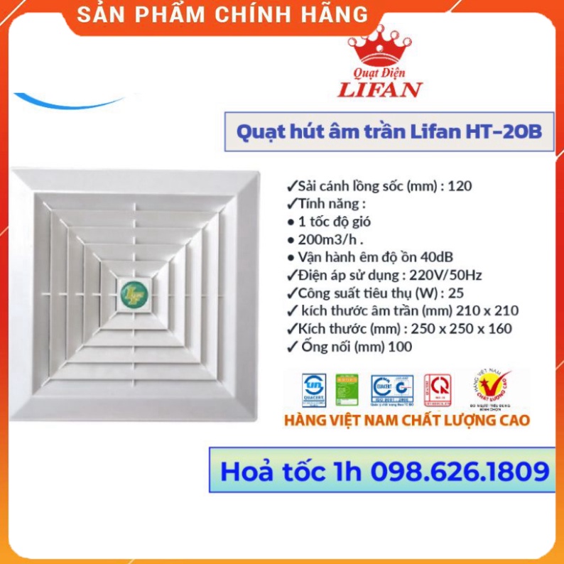 [ELHATOP11 giảm 9% cao nhất 1TR5] Quạt Hút Âm Trần Lifan HT-20B Lifan việt nam