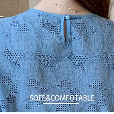 Phụ nữ T-shirt ren ngắn tay thêu mẫu bong bóng tay áo bông chiffon chất liệu hàng đầuround neck