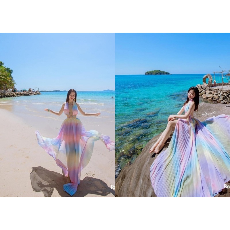 Đầm maxi đi biển omber loang cầu vồng cut eo khoen xẻ tà dáng dài xoè rộng siêu sang chảnh sexy quyến rũ