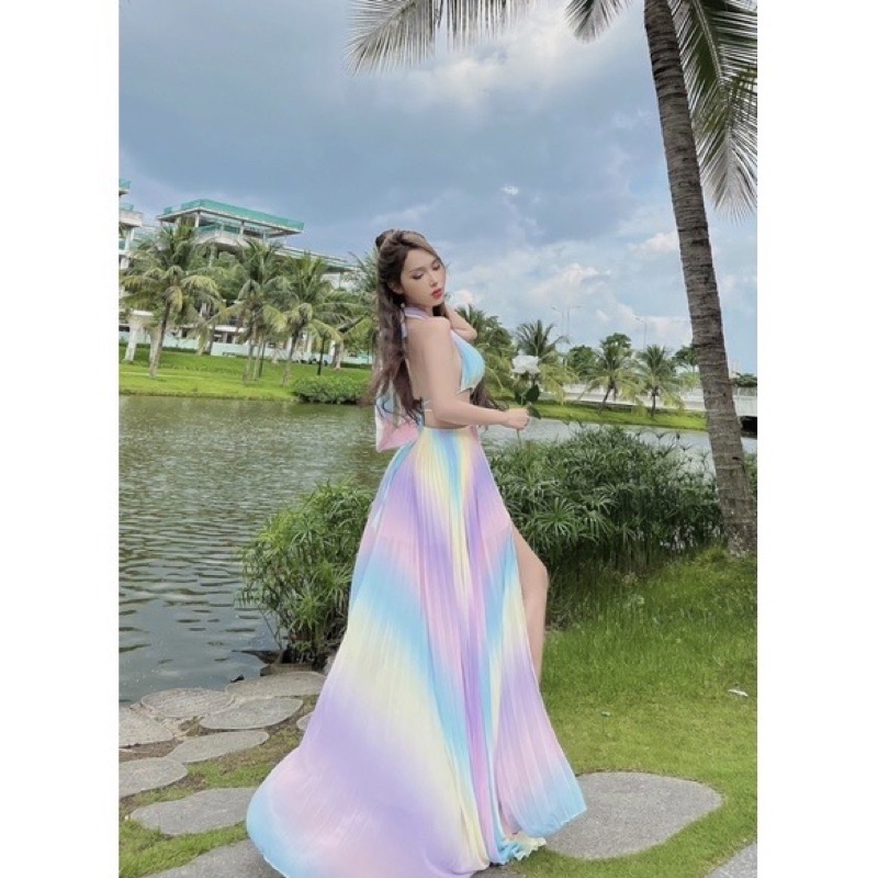 Đầm maxi đi biển omber loang cầu vồng cut eo khoen xẻ tà dáng dài xoè rộng siêu sang chảnh sexy quyến rũ