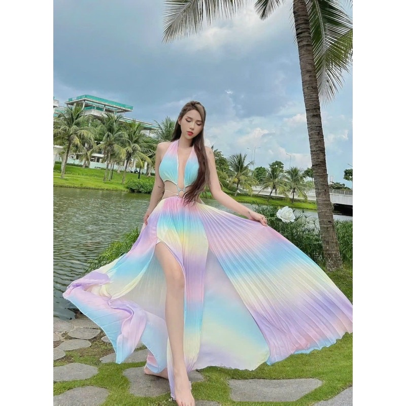 Đầm maxi đi biển omber loang cầu vồng cut eo khoen xẻ tà dáng dài xoè rộng siêu sang chảnh sexy quyến rũ