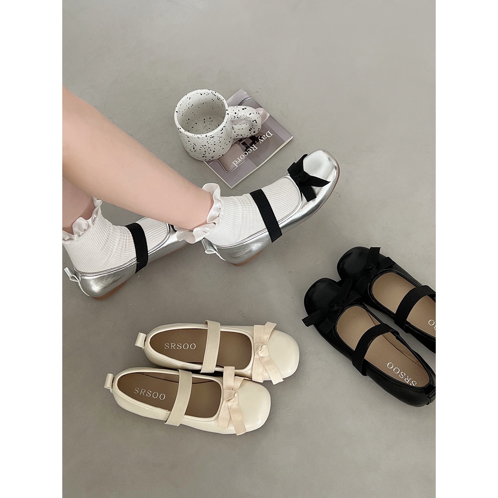 Giày Mary Jane Màu Bạc Miệng Nông Kiểu Pháp Dễ Phối Đồ Cho Nữ