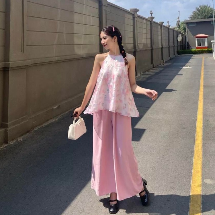 M477 - Set áo cổ yếm kèm quần xuông ống rộng trendy 2023
