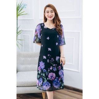 Đầm suông thiết kế trung niên TTV1377 Cổ vuông tay lỡ màu Đen hoa tím sang trọng