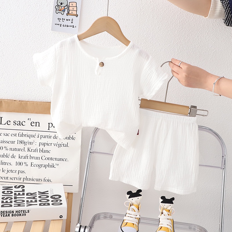 Bộ Áo Cotton Lanh Ngắn Tay + Quần Short Linen Màu Trơn Phong Cách Mùa Hè Mới Cỡ 80-120cm Cho Bé