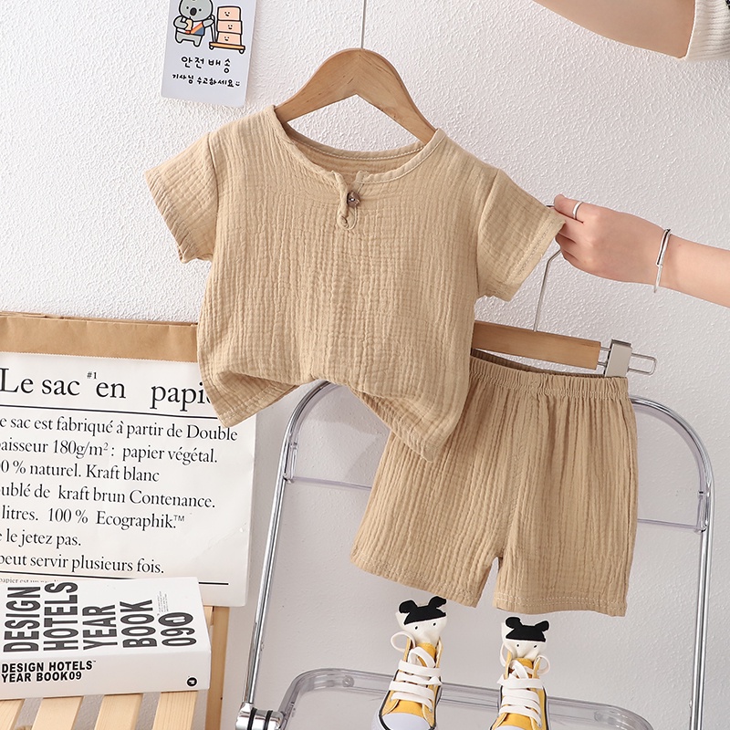 Bộ Áo Cotton Lanh Ngắn Tay + Quần Short Linen Màu Trơn Phong Cách Mùa Hè Mới Cỡ 80-120cm Cho Bé
