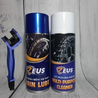 Combo Dưỡng sên Zeus chain Lube 400ml, Rửa sên Zeus Chain Cleaner 400ml Tặng bàn chải vệ sinh sên Cao cấp