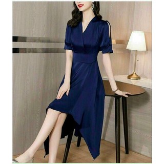 Váy đầm xòe đi tiệc bigsize mẫu mới thanh lịch, váy đầm xòe cổ tim vặt chéo tay ngắn xinh xắn