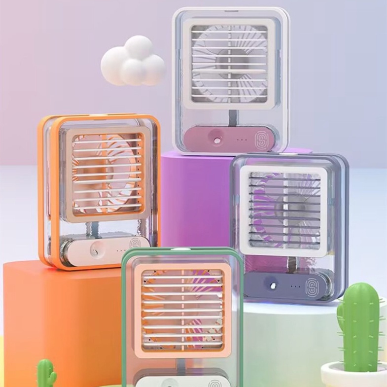 Quạt Hơi Nước Mini Để Bàn , Quạt Phun Sương Sạc Tích Điện trong suốt 3 cấp độ gió , Cảm Ứng NANO