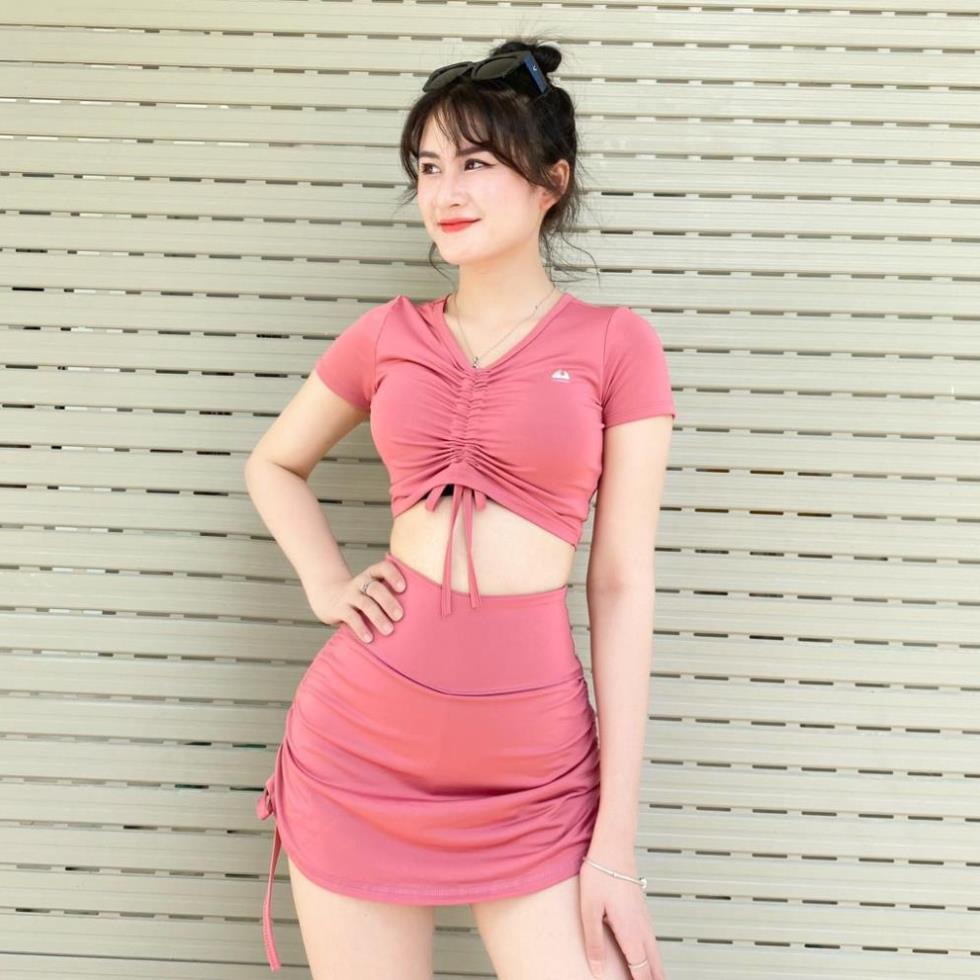 Bộ tập gym yoga aerobic nữ, Set tập thể thao nữ chất đẹp áo rút dây kết hợp chân váy 2 lớp, chất vải co giãn, thoáng mát | BigBuy360 - bigbuy360.vn