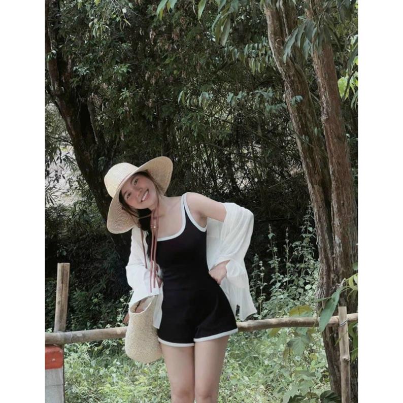 Bộ áo liền quần chất tăm, jumsuit dành cho mùa hè kèm áo khoác, bikini đi biển viền trắng hình thật, jum 2 dây
